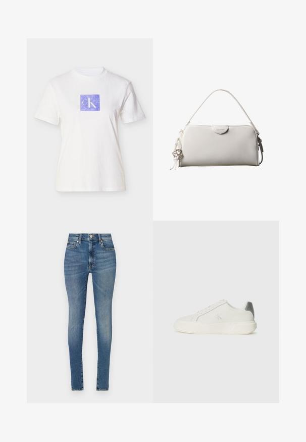 Wit katoenen T-shirt met een paars vierkant ontwerp met daarin de letters "CK" in een lichte tint. Korte mouwen en een ronde hals.; Hoge taille skinny jeans in lichtblauwe denim, met vijf zakken, riemlussen en een rits met knoopsluiting.; Witte sneaker van leer met een gladde textuur, featuring een zilveren accent op de hiel, een platte zool en een minimalistisch ontwerp.; Witte rechthoekige Calvin Klein handtas met enkele handgreep, minimalistisch ontwerp en decoratieve kwastjes met geometrische metalen hanger aan de zijkant.