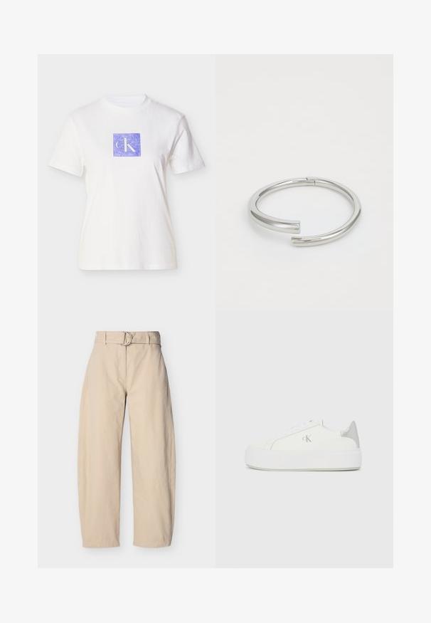 T-shirt en coton blanc avec un motif carré violet portant les lettres "CK" dans une teinte claire. Manches courtes et col rond.; Pantalon beige à jambes larges en coton, doté d'une taille ceinturée avec une boucle ronde en métal, de poches latérales et d'une texture lisse.; Baskets en toile blanches avec une semelle blanche épaisse, présentant un accent argent métallique au niveau du talon et un subtil logo sur le côté.; Calvin Klein SPIRAL - Bracelet - silver-coloured
