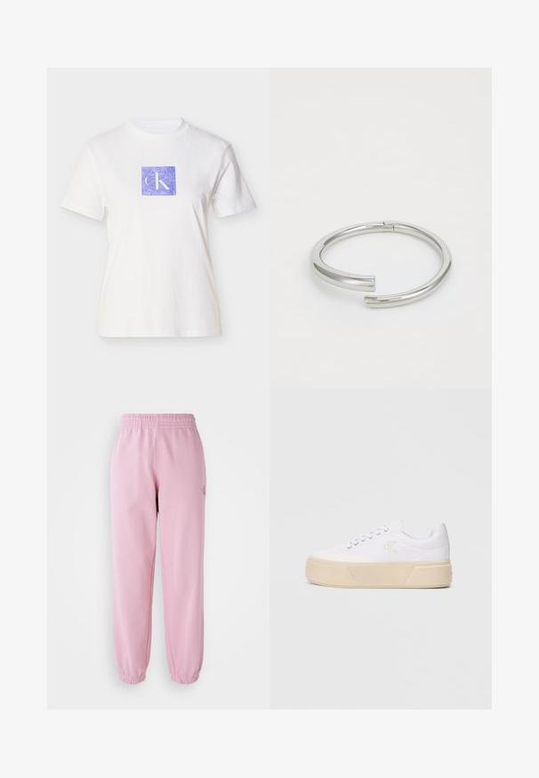 Λευκό βαμβακερό t-shirt με μώβ τετράγωνο σχέδιο που περιλαμβάνει τα γράμματα "CK" σε ανοιχτή απόχρωση. Κοντά μανίκια και στρογγυλή λαιμόκοψη.; Ροζ φόρμες με ελαστική μέση και συγκεντρωμένα μανίκια. Φτιαγμένες από μαλακό ύφασμα, διαθέτουν μια μικρή λεπτομέρεια λογότυπου στο μπροστινό μέρος.; Λευκά καμβά παπούτσια με χοντρή μπεζ σόλα, που διαθέτουν έναν διακριτικό κεντημένο λογότυπο στο πλάι και κλασικό σχέδιο με κορδόνια.; Calvin Klein SPIRAL - Βραχιόλι - silver-coloured