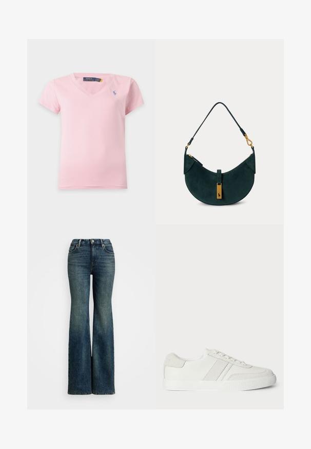 Lichtroze T-shirt met korte mouwen en V-hals, met een klein blauw geborduurd logo op de linkerborst en een Polo Ralph Lauren-label aan de binnenkant van de kraag.; Flared blauwe denim jeans met een hoge taille, voorzien van vijf zakken en stiksels als accent. De stof heeft een klassieke vervaagde textuur.; Witte sneaker met een glad leren bovenzijde, suède accenten en platte veters. Voorzien van een geëxtraheerde rubberen zool en een minimalistisch ontwerp.; Donkergroene suède schoudertas met een gebogen vorm, goudkleurige hardware en een korte riem met gespdetails.