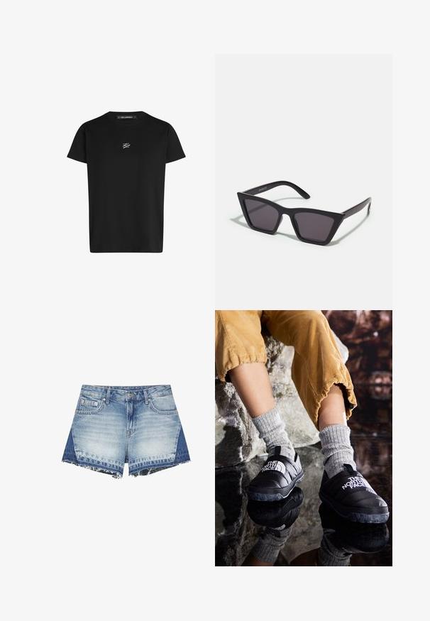 Sort bomulds T-shirt med klassisk crewneck og korte ærmer. Har et hvidt broderet logo på brystet. Glat tekstur.; Denim shorts med lyse og mørkeblå paneler, forreste knap, lynlås, bæltestropper, for- og møntlomme samt frynset kant forneden.; Sorte isolerede slip-on sko med teksturerede såler og hvidt logo, iført med grå strikkede strømper, parret med ribbede sennepsfarvede bukser.; Sorte, kantede solbriller med grå linser; lavet af plast, med tykke stænger med en glat overflade og ingen synlig hardware.