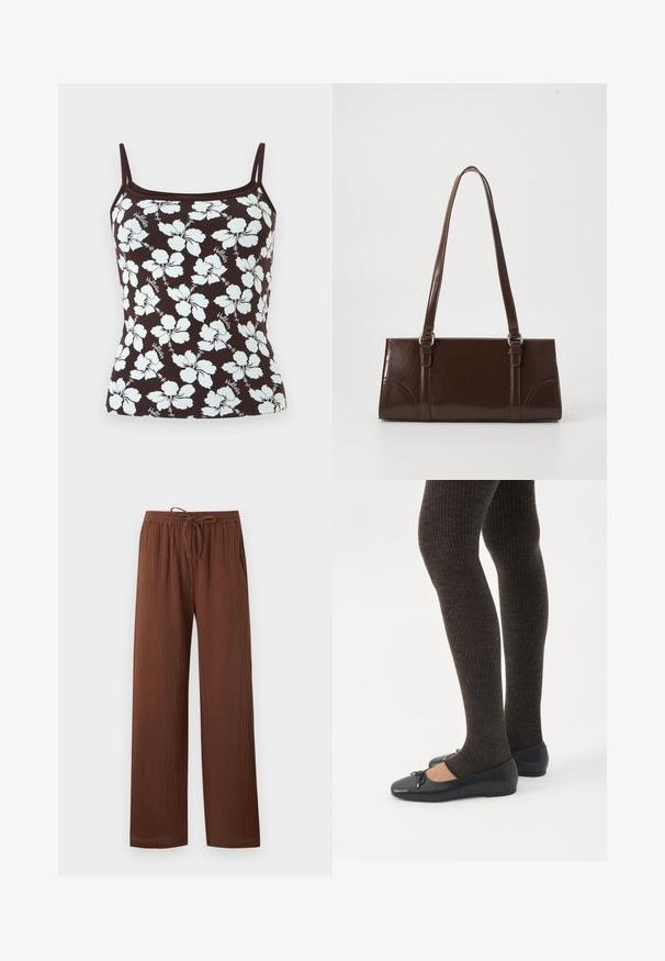 Haut marron à bretelles spaghetti avec un motif de fleurs d'hibiscus blanches et le petit texte "Hollister" dispersé partout.; Pantalon marron texturé coupe ample avec une taille élastique et un cordon ajustable, jambes droites et poches latérales.; Jambes portant des leggings côtelés foncés associés à des ballerines noires avec de petits détails en nœud sur fond blanc.; Sac à main en cuir verni marron de forme rectangulaire, avec deux longues poignées et des accents courbés subtils à l'avant.