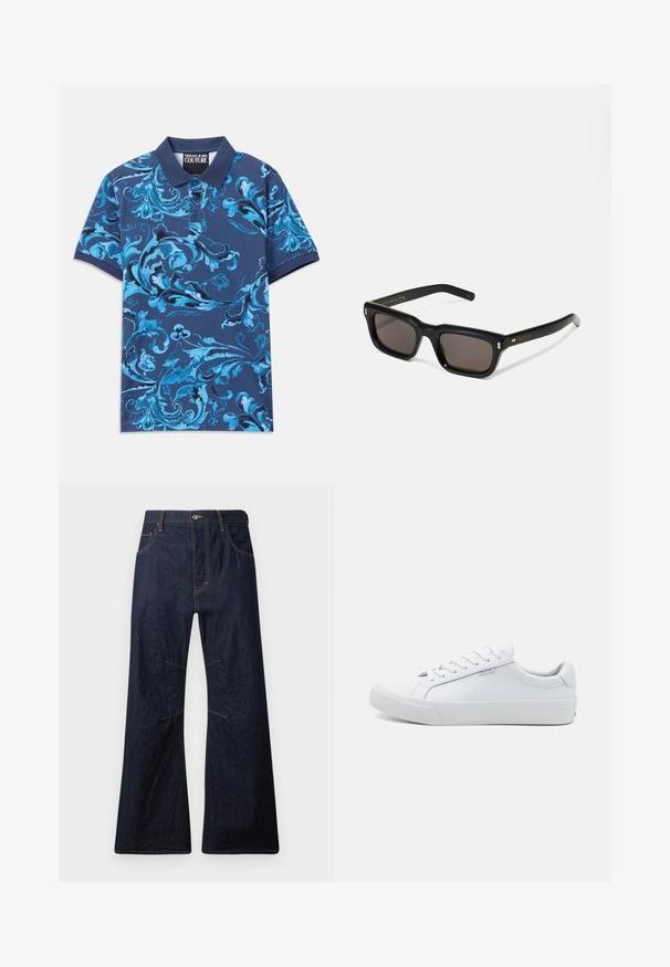 Navy polo shirt met blauw bloemachtig draaipatroon, korte mouwen en een knoopsluiting bij de kraag. Gemaakt van katoenen stof, met een soepele textuur.; Donkerblauwe spijkerbroek met flair, met gele stiksels, vijf zakken en een ritssluiting. Kenmerkt horizontale naden boven de knieën.; Witte leren sneakers met een gladde afwerking, laagmodel ontwerp, ronde neus en platte rubberen zool. Voorzien van platte veters en minimale merkpresentatie.; Zwarte rechthoekige zonnebril met donkere lenzen, een dik plastic montuur, gouden accenten op de veren en het merkembleem gegraveerd op de arm.