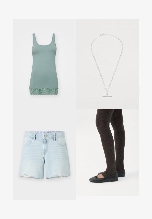 Kergelt roheline tank top pehmest kangast, millel on ümar kaelus ja pitsäär. Sile tekstuur, veniv disain.; Heled sinine teksashorts, millel on veidi kulunud serv, viie tasku kujundus ja nupukinnitus. Kergelt tuhm tekstuur kogu ulatuses.; Jalad seljas tumedad soonelises soonelises kombines mustade baleriinadega, millel on väikesed paelade detailid valgel taustal.; Hõbedane kaelakee, millel on piklikud ahelalinkid ja sile baar pendant, millel on sile pind ja poleeritud viimistlus. Reguleeritav klamber.