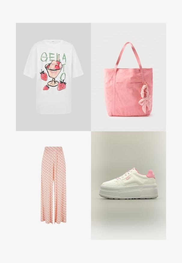 T-shirt blanc avec un gelato fraise rose dans une coupe en verre, entouré de quatre fraises, et le mot "GELATO" en lettres vertes.; Pantalon à jambes larges avec un motif à carreaux rose et blanc et une taille élastique, présenté sur un fond blanc uni.; Baskets à plateforme blanches avec détails roses, semelle épaisse texturée et lacets roses vues de côté sur un fond neutre.; Sac fourre-tout en toile rose avec deux anses et un scrunchie en tissu rose attaché en forme de feuille sur fond blanc.