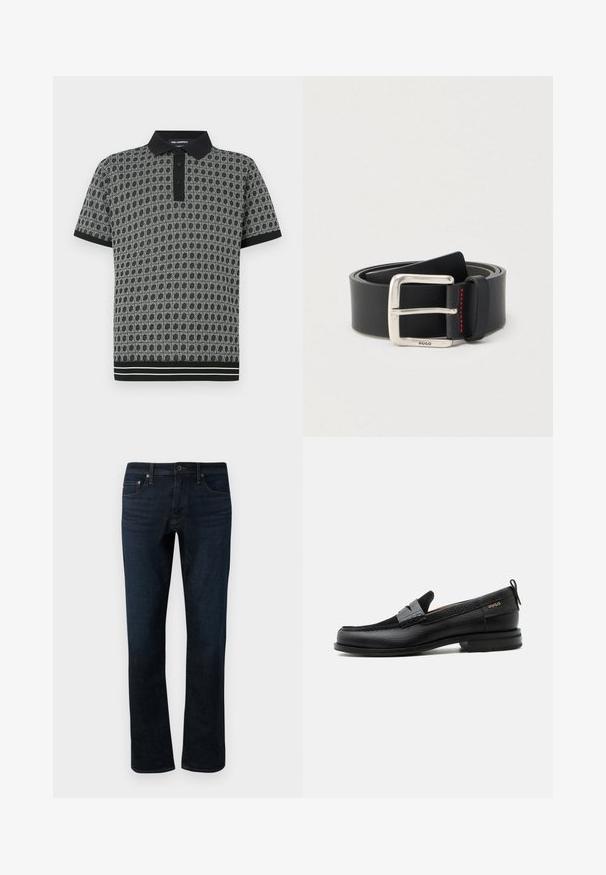 Schwarzes und weißes Polohemd mit Muster, Kragen, kurzen Ärmeln und gerippten Bündchen. Verfügt über ein markantes geometrisches Design und eine Knopfleiste mit zwei Knöpfen.; Dunkelblaue Denim-Jeans mit geradem Bein, ausgestattet mit einem klassischen Fünf-Taschen-Design und subtilen Steppdetails.; Schwarzer Lederloafer mit grauem Riemendetail, niedrigem Absatz und strukturierter Sohle, seitlich mit „HUGO“ in Gold gebrandmarkt.; Schwarzer Ledergürtel, aufgerollt, mit einer silbernen, rechteckigen Schnalle, die eine kleine "HUGO" Gravur und eine rote Nahtdetail in der Nähe der Schlaufe aufweist.