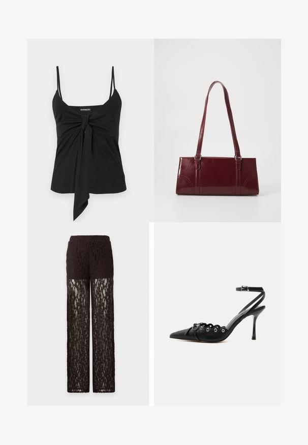 Haut noir sans manches avec fines bretelles et détail de nœud noué à l'avant au centre de l'encolure, étiquette Even&Odd.; Pantalon en dentelle marron avec partie haute de la cuisse opaque et jambes en dentelle transparente, coupe droite et taille élastique.; Chaussure à talon haut noire à bout pointu, bords festonnés, œillets métalliques, lacets à l'avant et bride de cheville avec fermeture à boucle.; Sac à main bordeaux en matériau brillant, de forme rectangulaire, avec deux anses et des accents légèrement courbés à l'avant.