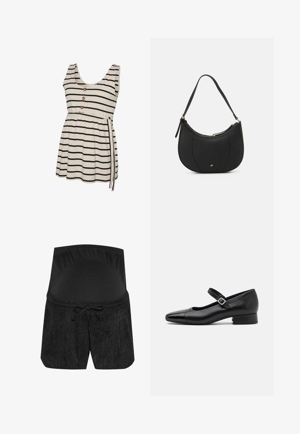 Stripet tanktop i creme og sort med en rund halsudskæring, knapper foran, en indsnævret talje og detalje med bindebånd i siden.; Sorte graviditetsshorts med et tekstureret design, snørelukning i taljen og en glat, elastisk talje. Blødt stof for komfort.; Sorte læder Mary Jane-sko med en patenttå, justerbar ankelrem og lav blokhæl. Glat tekstur og strømlinet design.; Sort læderhåndtaske med en buet form, struktureret overflade, forreste syninger og et logo i guldfarve. Har en enkelt justerbar rem.
