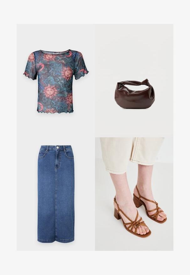 Gennemsigtig kortærmet top med et farverigt sol- og måne mønster, der har bølgede kanter og en løs, afslappet pasform. Baggrunden er overvejende blå.; Mørkeblå denim maxiskørt med lige snit, talje med knaplukning og minimale syninger.; Brune sandaler med høje hæle og stropper, der har en kraftig hæl. De har knyttede stropper og et åbent tådesign. Tekstureret sål og justerbar ankelstrop.; Mørkebrun læder skuldertaske med en blød, afslappet form og et snoet knudehåndtag på en ensartet hvid baggrund.