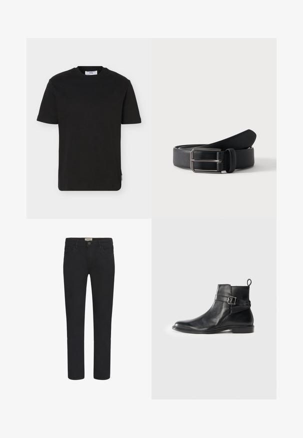 Effen zwart T-shirt met korte mouwen en ronde hals, met een klein merkembleem op de onderkant aan de zijkant.; Zwarte denim jeans met rechte snit, vijf-pocket ontwerp en een knoopsluiting aan de voorkant. Glad textuur met subtiele stikseldetails.; Zwarte leren enkellaarsjes met een ronde neus, zijgespeldetail en een lipje op de hak. Platte zool met een subtiele glansafwerking.; Zwarte leren riem opgerold met een rechthoekige zilveren metalen gesp op een effen lichte achtergrond.
