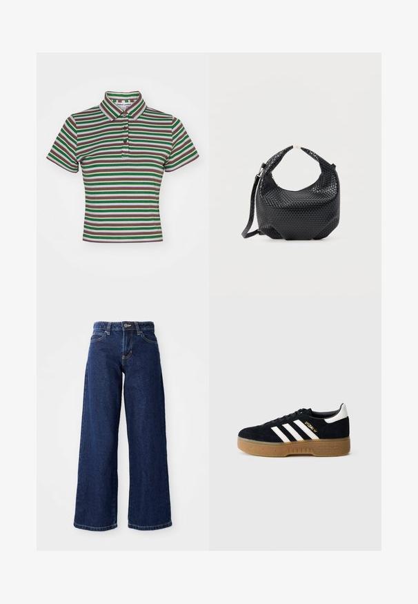 Jaded London SHORT SLEEVE - Poloshirts - multi; Mørkeblå vide jeans lavet af denim, med knap- og lynlåslukning, bæltesløjfer og klassisk fem-lomme design.; Sort ruskindssneaker med hvide tre striber og guldfarvet logo. Sål i gummi med tekstureret greb. Klassisk lavtop-design med rundet tå.; Sort flettet læderhåndtaske med kort håndtag og aftagelig skulderrem, vist mod en ensfarvet lys baggrund.