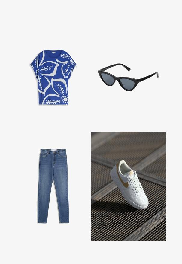 Chemise bleue à manches courtes avec de grands motifs floraux abstraits blancs et un col rond, posée à plat sur un fond blanc.; Jean en denim bleu avec taille haute, coupe slim, poches avant, fermeture éclair et coutures contrastantes. Design structuré avec une texture lisse.; Baskets en cuir blanc avec des accents dorés, bout rond, design perforé sur la boîte à orteils et lacets plats. Présente un logo 'Air' sur la semelle.; Lunettes de soleil noires en forme d'œil de chat avec des verres gris foncé, monture en plastique élégante, coins pointus et branches droites. Pas de métal visible ni d'accents.