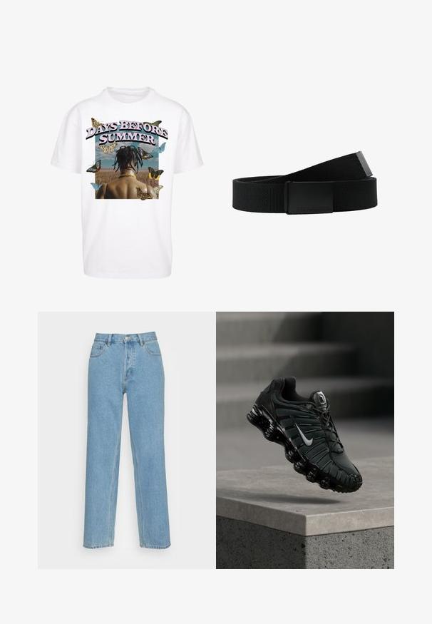 Weißes Baumwoll-T-Shirt mit einer grafischen Gestaltung, die den Text "DAYS BEFORE SUMMER", Schmetterlinge und ein künstlerisches Bild aus der Rückansicht zeigt.; Helle blaue gerade geschnittene Jeans aus Denim mit einem klassischen Fünf-Taschen-Design, einem vorderen Knopfverschluss und sichtbaren Nähdetails.; Schwarzer und dunkelgrauer Nike-Laufschuh mit weißem Swoosh-Logo, der über einer Betonkante schwebt, im Hintergrund Treppen.; Schwarzer Stoffgürtel mit strukturiertem Finish, ausgestattet mit einer rechteckigen schwarzen Metallschnalle. Die Schnalle ist mit dem Branding "Urban Classics" verziert.
