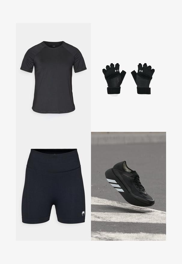 Camiseta atlética negra de manga corta con mangas raglán, textura suave y cuello redondeado. Presenta costuras cosidas y un corte relajado.; Bermudas deportivas negras con una tela suave y paneles laterales de malla. Cuentan con una cinturilla ancha y un pequeño logotipo en la parte inferior de la pierna.; Zapatilla de correr negra con rayas blancas en la suela, suspendida sobre el asfalto con señalizaciones viales blancas, levantando pequeños escombros.; Guantes de entrenamiento negros con diseño de dedos abiertos, costuras reforzadas, palma acolchada y correas ajustables en la muñeca. Presenta un acento de logo plateado.