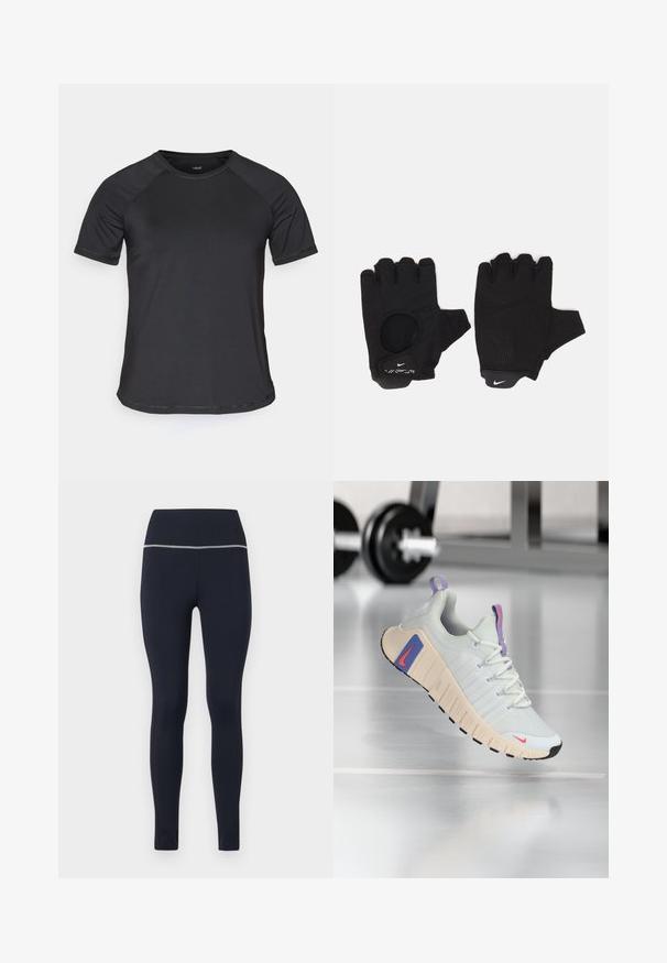 Schwarzes, kurzärmeliges Sportshirt mit Raglanärmeln, glatter Textur und rundem Ausschnitt. Verfügt über genähte Nähte und eine lockere Passform.; Marineblaue enganliegende Leggings aus dehnbarem Stoff, mit einem breiten Bund, der oben mit einem reflektierenden Besatz versehen ist, um die Sichtbarkeit zu erhöhen.; Sneaker mit einem oberteil aus leicht grauem Mesh, gepolstertem Kragen und strukturiertem cremfarbenem Sohlen. Verfügt über rosa und blaue Akzente sowie eine schwarze Gummisohle.; Schwarze fingerlose Handschuhe mit einem strukturierten Design. Hergestellt aus einem atmungsaktiven Material, mit einem Daumenloch und verstärktem Handballen für besseren Grip.