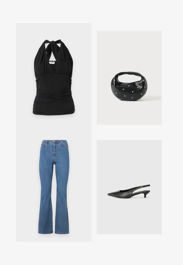 Noisy May NMBELLA HALTERNECK - Top - black; Blå bootcut jeans lavet af denim, med høj talje, kontrasterende syninger og en enkelt knaplukning foran.; Sorte spidse slingback-sko lavet af glat læder. Har en tynd hæl og en spænde detalje på den justerbare rem.; Sort læderhåndtaske med en rundet form, dekoreret med sølvnitter, og et kort håndtag. Glat tekstur og lynlåslukning.