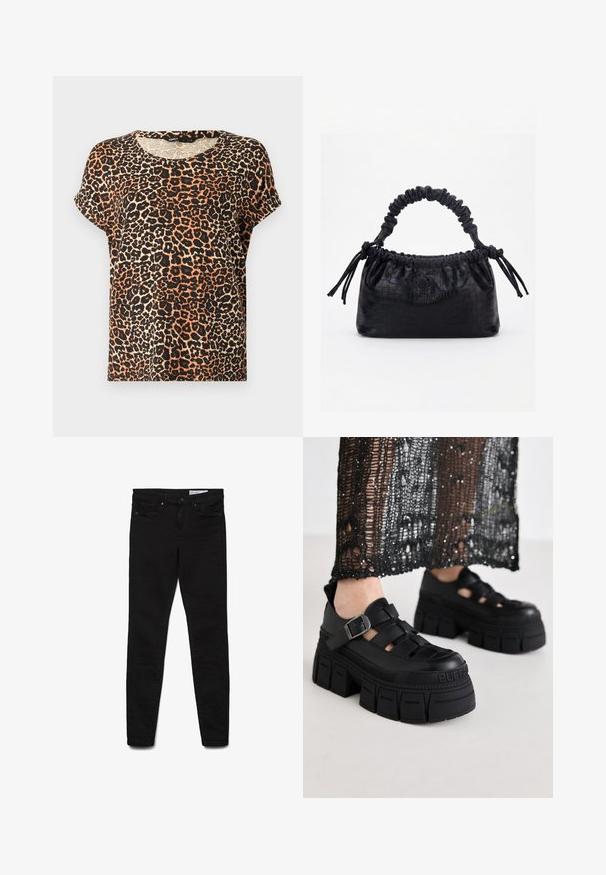 Leopardmuster T-Shirt mit kurzen Ärmeln in Orange-, Schwarz- und Cremetönen. Rundhalsausschnitt und weiche Stofftextur.; Schwarze Skinny-Jeans aus Denim-Stoff mit klassischem Fünf-Taschen-Design, Reißverschluss und dezenten Nähdetails.; Schwarze Plateau-Sandalen mit einem klobigen Design, ausgestattet mit breiten Riemen und einer seitlichen Schnalle. Hergestellt aus strukturiertem Gummi mit einem Logodetail.; Schwarze Handtasche mit Krokodilstruktur, gerafftem oberen Rand, zusammengezogenem Griff und Zugkordeln mit Quasten an jeder Seite vor weißem Hintergrund.
