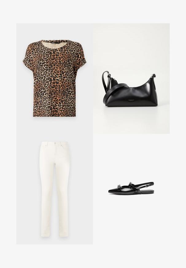 T-shirt med kortærmer i leopardmønster i nuancer af orange, sort og creme. Rund halsudskæring og blød stofstruktur.; Hvide denimjeans med lige ben, høj talje, frontlommer og en enkelt knaplukning. Glat tekstur, minimale syninger.; Sort læderslingback flad sko med spids tå, prydet med volangdetaljer på bæltet og justerbar ankelrem. Glat overfladetextur.; Sort læderhåndtaske med en glat tekstur. Har en justerbar stropp og et enkelt, minimalistisk design med lynlås.