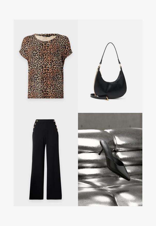 Camiseta de manga corta con estampado de leopardo en tonos de naranja, negro y crema. Cuello redondo y textura de tela suave.; Pantalones de pierna ancha de talle alto en negro con botones dorados en la parte delantera y bolsillos en ambas caderas sobre un fondo blanco.; Mula negra con punta puntiaguda y tacón delgado, colocada sobre una superficie brillante, metálica y capitoné plateada.; Bolso negro en forma de media luna con un asa corta, detalle de cadena dorada en un lado y una correa larga desmontable.