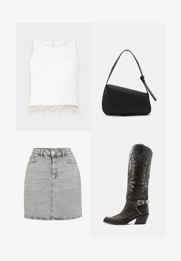 Hvid ærmeløs crop top med ribbet struktur, der har en dekorativ kant med muslingeskaller og søstjerner ved nederkanten.; Grå denimnederdel med høj talje, frontknaplukning og to sidelommer. Har en rippet kant og en subtil stone-washed tekstur.; Sort læder cowboystøvle med dekorative udskæringer, sølvspænde og skrå hæl, vist på hvid baggrund.; Sort læderhåndtaske med en triangular form, skrå klap og et rundt håndtag. Har en glat overflade og minimalistiske design detaljer.