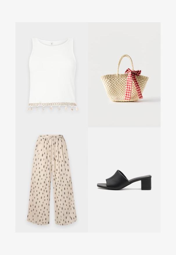 Top court sans manches blanc avec une texture côtelée, présentant une bordure décorative avec des coquillages et des étoiles de mer à l'ourlet.; Pantalons larges beige avec une taille à nouer, ornés d'un motif de losanges noirs. Fabriqués dans un tissu léger pour plus de confort.; Mules à talons carrés en cuir noir avec un bout ouvert, présentant une surface lisse et un upper légèrement courbé pour le confort et le style.; Sac cabas en paille tissée avec des poignées tressées et un ruban à carreaux rouge et blanc noué en un nœud d'un côté.