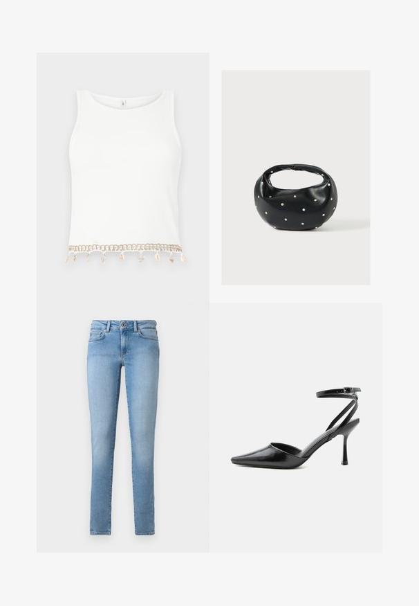 Witte mouwloze crop top met een geribde textuur, voorzien van een decoratieve rand met schelpen en sterrenschelpen aan de onderrand.; Lichtblauwe denim jeans met een rechte pijpdesign, vijf zakken en een sluiting met een knoop aan de voorkant. Gladde textuur met een vervaagde afwerking.; Zwarte pumps met puntige neus, dunne enkelbandjes en een zilveren gesp op een effen lichte achtergrond.; Zwarte leren handtas met een afgeronde vorm, versierd met zilveren studs, en een korte handgreep. Gladde textuur en ritsluiting.