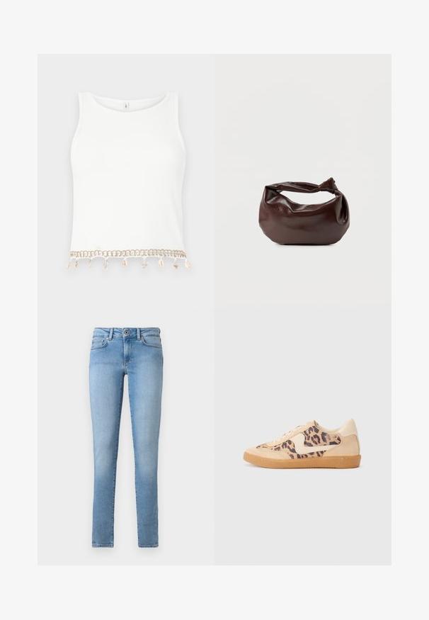 Witte mouwloze crop top met een geribde textuur, voorzien van een decoratieve rand met schelpen en sterrenschelpen aan de onderrand.; Lichtblauwe denim jeans met een rechte pijpdesign, vijf zakken en een sluiting met een knoop aan de voorkant. Gladde textuur met een vervaagde afwerking.; Luipaardprint sneakers met een beige suède bovenkant, tan rubberen zool en witte accenten. Ronde neus en vetersluiting met een gestructureerde afwerking.; Donkerbruine leren schoudertas met een zachte, slungelige vorm en een gedraaide knoopvormige handgreep op een effen witte achtergrond.