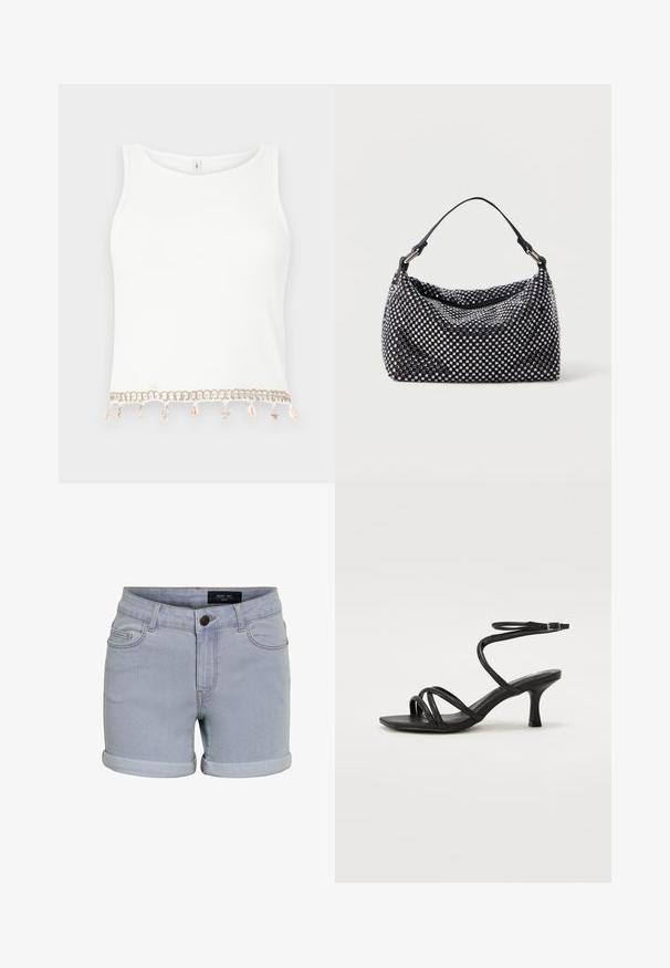 Top court sans manches blanc avec une texture côtelée, présentant une bordure décorative avec des coquillages et des étoiles de mer à l'ourlet.; Shorts en denim bleu clair avec un ourlet retroussé, dotés de cinq poches et d'une fermeture à bouton. Le tissu a une texture lisse et des détails de couture subtils.; Even&Odd Wide Fit by Zalando Sandales - black; Sac noir et argent avec une surface tissée et texturée présentant des motifs carrés, une seule poignée supérieure et un design décontracté.
