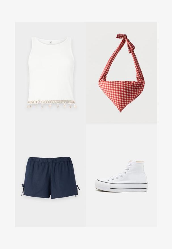 Weißes ärmelloses Crop-Top mit gerippter Textur, das am Saum mit dekorativen Verzierungen aus Muscheln und Seesternen versehen ist.; Marineblaue Shorts mit einem elastischen Bund und verstellbaren Bändern an den Seiten. Der Stoff wirkt glatt mit einem leichten Glanz. Lockerer Schnitt, oberhalb des Knies.; Weiße High-Top-Sneaker aus einem Material aus Segeltuch, mit schwarzer Gummisohle und kontrastierendem schwarzen Streifen auf der Zwischensohle. Runde Zehenkappe und Schnürdesign.; Weiche Stoff-Schultertasche mit rot-weiß kariertem Muster, geknotetem Griff und dreieckiger Form vor einfarbigem Hintergrund.