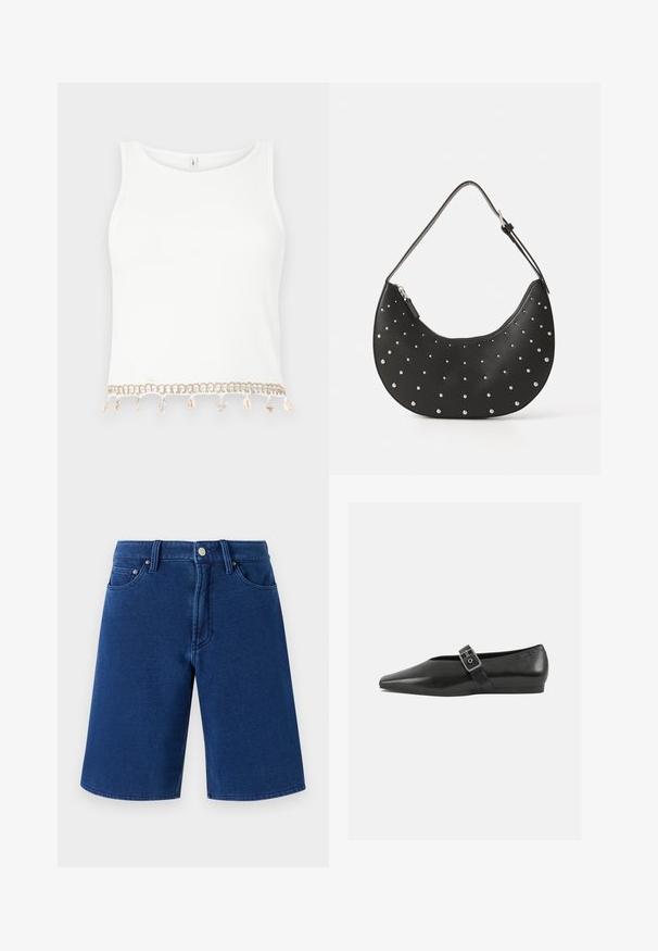 Top court sans manches blanc avec une texture côtelée, présentant une bordure décorative avec des coquillages et des étoiles de mer à l'ourlet.; Shorts en denim bleu avec une coupe droite, design à cinq poches, et une taille visible avec un bouton en métal et des passants de ceinture.; Chaussure plate en cuir noir avec un orteil pointu, présentant une sangle à boucle métallique sur le cou-de-pied et une semelle basse et flexible.; Sac à main en cuir noir avec une forme arrondie, orné de clous en argent, doté d'une fermeture éclair et d'une seule sangle ajustable.