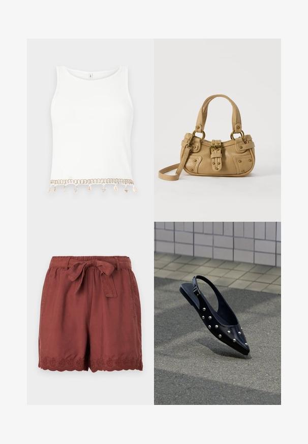 Hvid ærmeløs crop top med ribbet struktur, der har en dekorativ kant med muslingeskaller og søstjerner ved nederkanten.; Rustrøde shorts lavet af letvægtsstof, med en elastisk talje og snøring samt detaljeret bølget broderi ved kanten.; Sort spids slingback-sko med sølvnitter, der svæver over asfalt tæt på flisebelagt væg.; Beige læderhåndtaske med dobbelte håndtag, messing spænde og nitte detaljer samt en justerbar skulderrem mod en hvid baggrund.