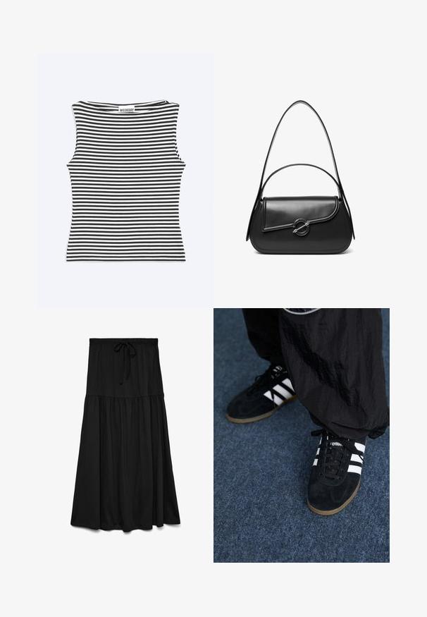 Haut sans manches à rayures horizontales noires et blanches avec un col bateau et une étiquette "WEEKDAY" au dos du col.; Jupe longue noire avec taille froncée et cordon ajustable, coupe ample et tissu doux.; Des chaussures de sport en suède noir avec trois rayures blanches et des lacets noirs. Un pantalon noir texturé est partiellement visible à côté des chaussures.; Sac à bandoulière en cuir noir avec un rabat incurvé fermé par un fermoir métallique rond et une sangle fine et ajustable.