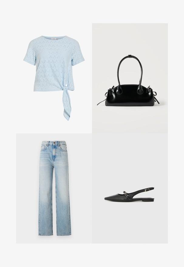 Lichtblauw kortärmlig bloesje met oogsleuvenpatroon en zijstrik aan de zoom, ronde halslijn en een relaxte pasvorm.; Lichtblauwe wijde jeans van denim, met een hoge taille, subtiele vervaging en een traditionele vijf-pocketontwerp met contrasterende stiksels.; Zwarte leren slingback schoenen met een spitse neus, voorzien van een smalle band en een zilveren gesp aan de zijkant. Platte zool.; Kleine zwarte glanzende handtas met twee lange hengsels en zijkant trekkoord details op een effen lichte achtergrond.