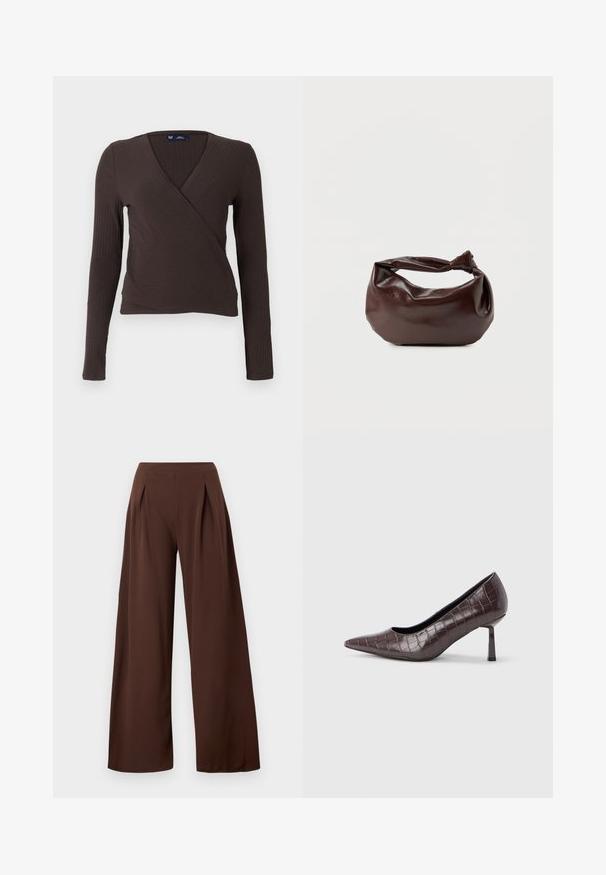 Top cruzado marrón de manga larga con textura acanalada y diseño de escote en V, que presenta una silueta ajustada y una textura suave. Etiqueta de la marca visible en el interior del cuello.; Pantalones de pierna ancha en tela marrón oscuro, con cintura alta, pliegues en la parte delantera y una textura suave. Adecuados para diversas ocasiones.; Tacones puntiagudos de cuero sintético marrón con textura de cocodrilo, con un tacón delgado y angular y un forro interior suave.; Bolso de hombro de cuero marrón oscuro con una forma suave y caída, y un asa con nudo torcido sobre un fondo blanco liso.