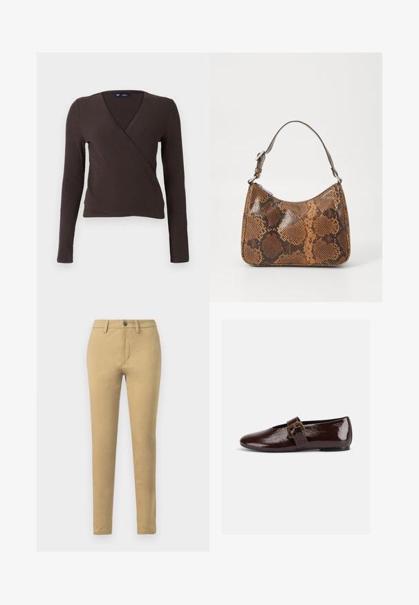 Brun ribbet langærmet top med slå-om-design og V-hals, der har en tætsiddende silhuet og glat tekstur. Brandlabel vist inde i halsudskæringen.; Khaki chinos lavet af en blanding af bomuldsstof, med slim fit, bæltestropper, frontlommer og en enkelt knaplukning.; Mørkebrun laklædersko med stor guldlås og rund tå, vist i sideprofil på hvid baggrund.; Lille håndtaske med brun og sort slangeskinn mønster, kort justerbar rem og lynlåslukning.