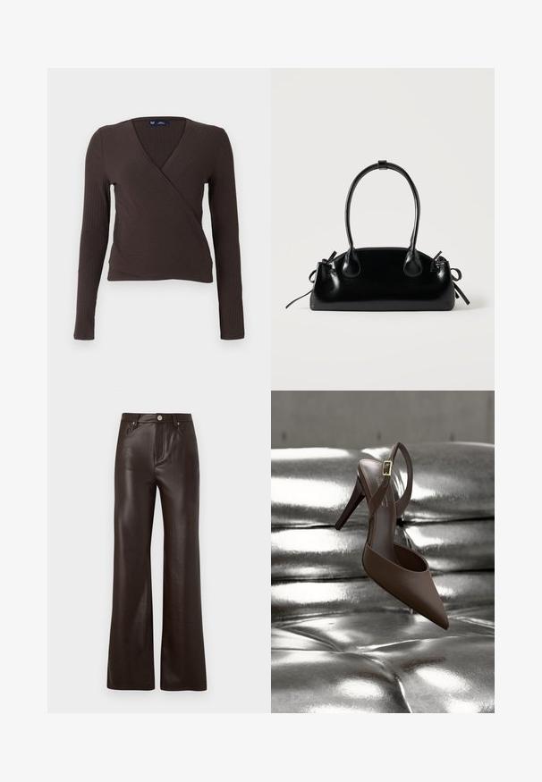 Brun ribbet langærmet top med slå-om-design og V-hals, der har en tætsiddende silhuet og glat tekstur. Brandlabel vist inde i halsudskæringen.; Vero Moda Wide-leg VMTESSA High rise - Bukser - chocolate torte; Brun damesko med spidset tå og høj hæl med slingback og en guldbeslået spænde, hvilende på en skinnende sølvfarvet polstret overflade.; Lille sort blank håndtaske med to lange håndtag og snøre-detaljer i siden på en ensfarvet lys baggrund.