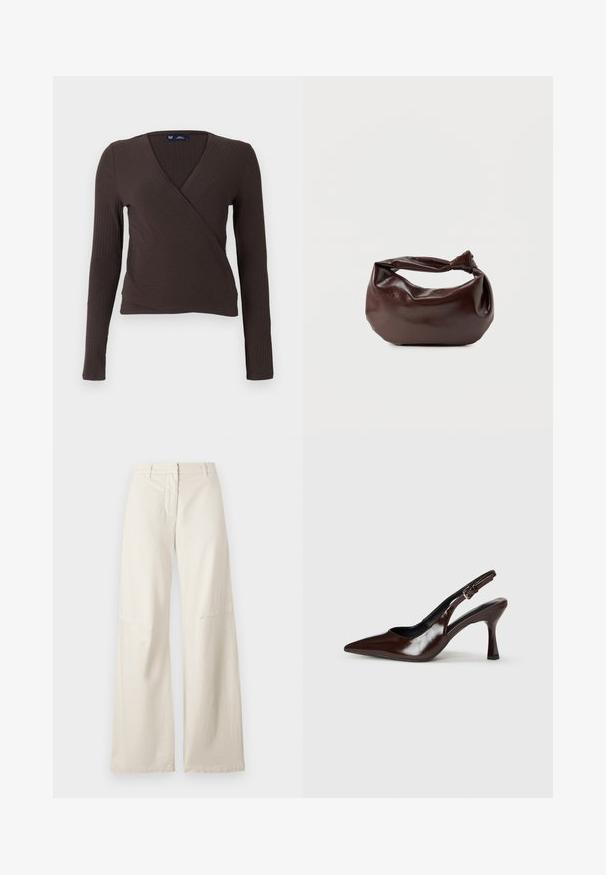 Top cruzado marrón de manga larga con textura acanalada y diseño de escote en V, que presenta una silueta ajustada y una textura suave. Etiqueta de la marca visible en el interior del cuello.; Pantalones de pierna ancha en una tela de algodón color crema. Presentan una cintura alta, un diseño estructurado y detalles de costura mínimos. Parte delantera plana con bolsillos.; Zapatos de tacón slingback de charol marrón con punta afilada, tacón delgado y correa ajustable con una pequeña hebilla.; Bolso de hombro de cuero marrón oscuro con una forma suave y caída, y un asa con nudo torcido sobre un fondo blanco liso.