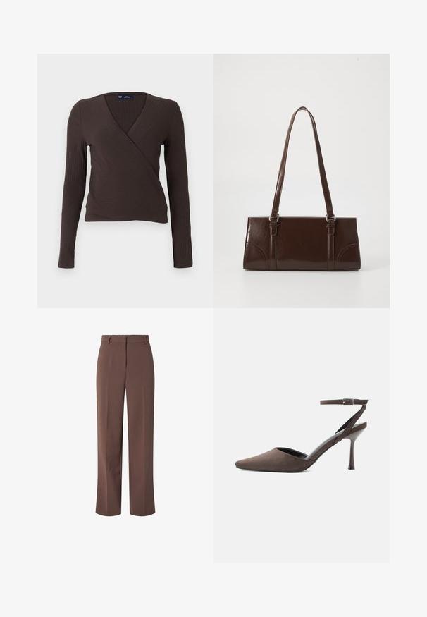 Top cruzado marrón de manga larga con textura acanalada y diseño de escote en V, que presenta una silueta ajustada y una textura suave. Etiqueta de la marca visible en el interior del cuello.; Pantalones de tiro alto en marrón, ajustados y con pasadores para cinturón, con cierre de cremallera en la parte delantera, presentando un corte recto.; Zapato de tacón alto de ante marrón con punta afilada, correa fina en el tobillo y hebilla plateada sobre fondo blanco.; Bolso de mano de piel sintética marrón con forma rectangular, dos asas largas y sutiles acentos curvados en la parte delantera.