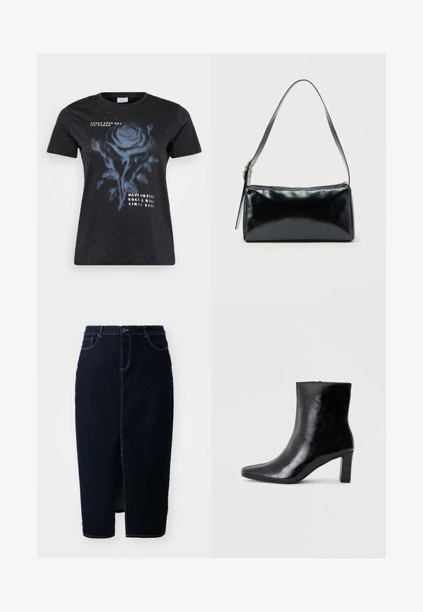ONLY Carmakoma CARMIKO WASHED SS REG TEE JRS - T-shirts print - black; Mørk denim blyantskørt med en frontslids, knaplukning og synlige sømdetaljer. Designet til en tætsiddende silhuet.; Sorte ankelstøvler lavet af blank læder, med spidse tæer og en mellemstor blokhæl, med en glat tekstur og et enkelt design.; Sort rektangulær skuldertaske med en enkelt justerbar rem og lynlås i toppen på en ensfarvet baggrund.
