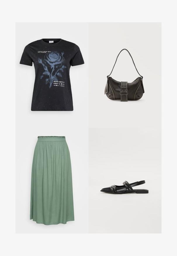 ONLY Carmakoma CARMIKO WASHED SS REG TEE JRS - T-shirts print - black; Grøn midi-nederdel med en samlet elastisk talje, glat tekstur og flodende design, der har en let A-form og ingen mønstre.; Even&Odd Slingback-ballerinasko - black; Sort læder skuldertaske med spænde på remmen, afrundede kanter og kontrasterende hvide syninger på en ensfarvet baggrund.