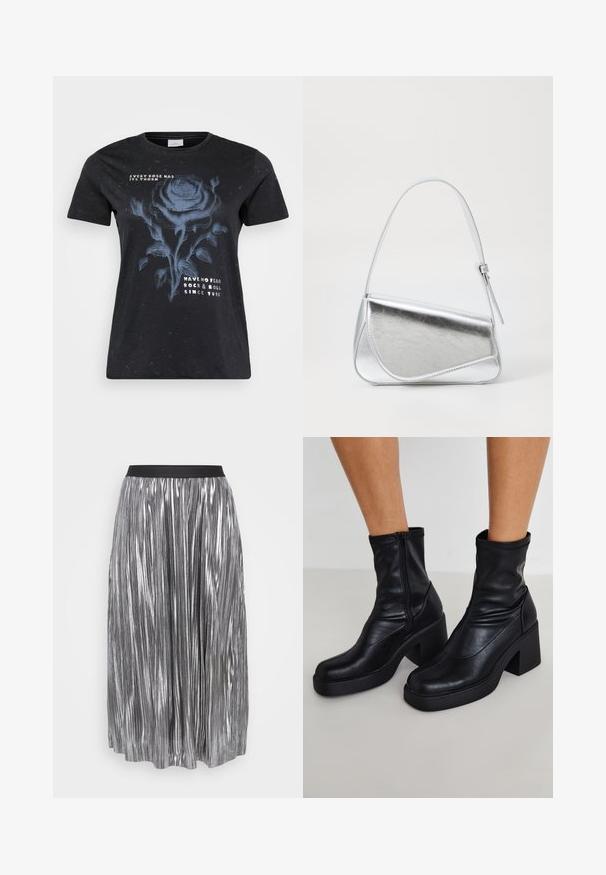 ONLY Carmakoma CARMIKO WASHED SS REG TEE JRS - T-shirts print - black; Sølvplettet nederdel lavet af metallisk stof med et sort elastisk taljebånd. Har vertikale, blanke folder og en længde til midt på læggen.; Sorte læder ankelstøvler med en høj blokhæl, der har en sidelukning, glat overflade og en spidse tå-design.; Sølvmetallic håndtaske med en trekantet form, glat overflade og en tynd, justerbar skulderrem. Har et fold-over design med syninger.
