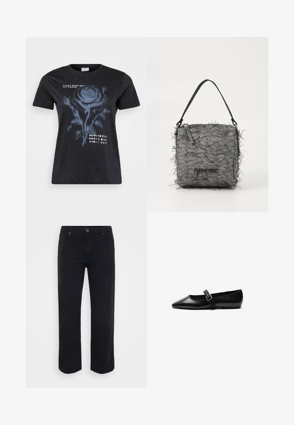 ONLY Carmakoma CARMIKO WASHED SS REG TEE JRS - Printtipaita - black; Mustat farkut suoralla lahkeella. Ominaisuuksiin kuuluu nappikiinnitys vyötäröllä, vyölenkit ja etu-/takapocketit. Silkkinen pinta.; Musta tasapohjainen nahkakenkä, jossa on terävä kärki, säädettävä remmi metallisoljella, sileä pinta ja minimalistikotyyli.; Kudottu musta-valkoinen herringbone-laukku, jossa on fringed-reunat, ohut olkahihna ja logo edessä.