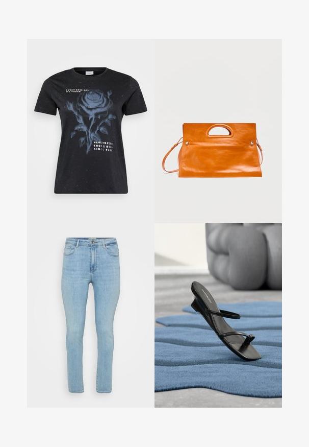 ONLY Carmakoma CARMIKO WASHED SS REG TEE JRS - Trükipildiga T-särk - black; Heledad sinine denimists valmistatud kitsastes pükstes on viis taskut, vööloopide ja tavalise lukuga nööp sulgemisega.; Mustad rihmades sandaalid varvaste rõngaga, eksponeeritud sinisel tekstuuriga vaibal, taustal hägune suur hall dekoratiivne ese.; Ristkülikukujuline oranž nahast käekott, millel on sisse ehitatud käepidemekohad ja reguleeritav õlarihm, ühevärvilisel taustal.