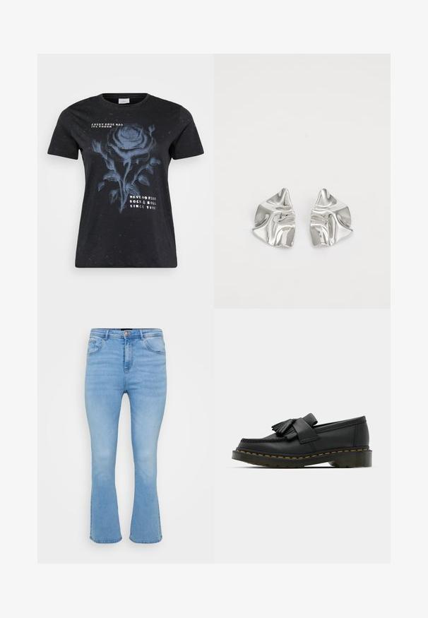 ONLY Carmakoma CARMIKO WASHED SS REG TEE JRS - T-shirts print - black; Lyseblå flagrende jeans i denim af bomuld. Features høj talje, fem lommer og synlige sømme langs sømme og kant.; Sorte læder loafers med rund tå, der har frynse detaljer og et dekorativt bånd på tværs af fronten, sat på en kraftig hæl.; Sølvmetal øreringe med et bølgende, skulpturelt design, der har en poleret overflade og uregelmæssige former, hvilket fremhæver en moderne æstetik.