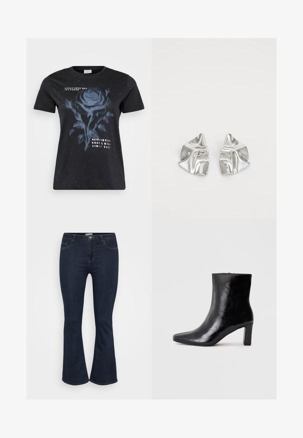 ONLY Carmakoma CARMIKO WASHED SS REG TEE JRS - T-shirt print - black; Donkerblauwe high-waisted denim jeans met een aansluitende pijp en een lichte flare aan de onderkant, voorzien van voorzakken en een knoopsluiting.; Zwarte enkellaars gemaakt van glanzend leer, met een puntige neus en een gemiddelde blokhak, voorzien van een gladde textuur en een eenvoudig ontwerp.; Zilveren metalen oorbellen met een golvend, sculpturaal ontwerp, voorzien van een gepolijste afwerking en onregelmatige vormen, die een hedendaagse esthetiek benadrukken.
