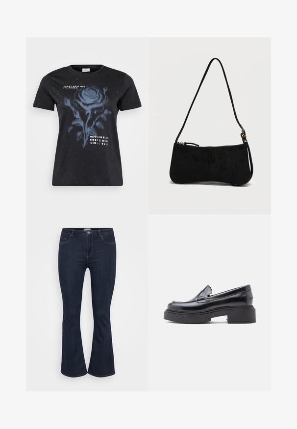 ONLY Carmakoma CARMIKO WASHED SS REG TEE JRS - Camiseta estampada - black; Jeans de mezclilla de tiro alto en azul oscuro, con un ajuste ceñido en los muslos y un ligero acampanado en la parte inferior, que cuentan con bolsillos frontales y cierre de botón.; Mocasines de cuero negro con puntera redondeada, que presentan una suela de plataforma elevada y una simple correa decorativa en el empeine. Acabado suave.; Bolso de hombro de ante negro con cierre de cremallera y una correa delgada ajustable sobre un fondo blanco liso.
