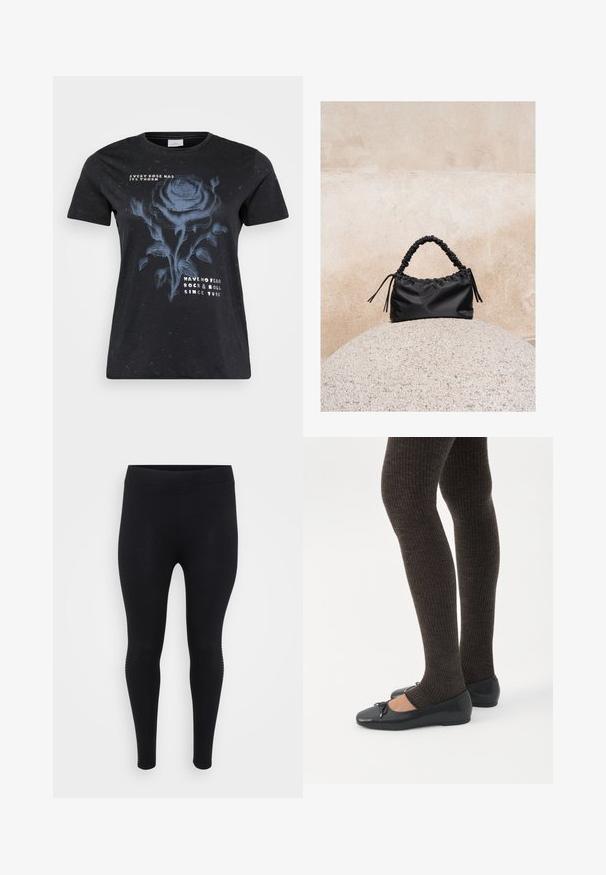 ONLY Carmakoma CARMIKO WASHED SS REG TEE JRS - Tričko s potlačou - black; Čierne legíny s hladkou textúrou, vysokým pásom a priliehavým strihom. Obsahujú jemné bočné detaily pozdĺž švov.; Nohy v tmavých pásikavých legínach v kombinácii s čiernymi balerínkami s malými mašličkami na bielom pozadí.; Čierna riasená kabelka so stiahnutou rúčkou, ležiaca na textúrovanej kamennej sfére na pozadí béžovej betónovej steny.