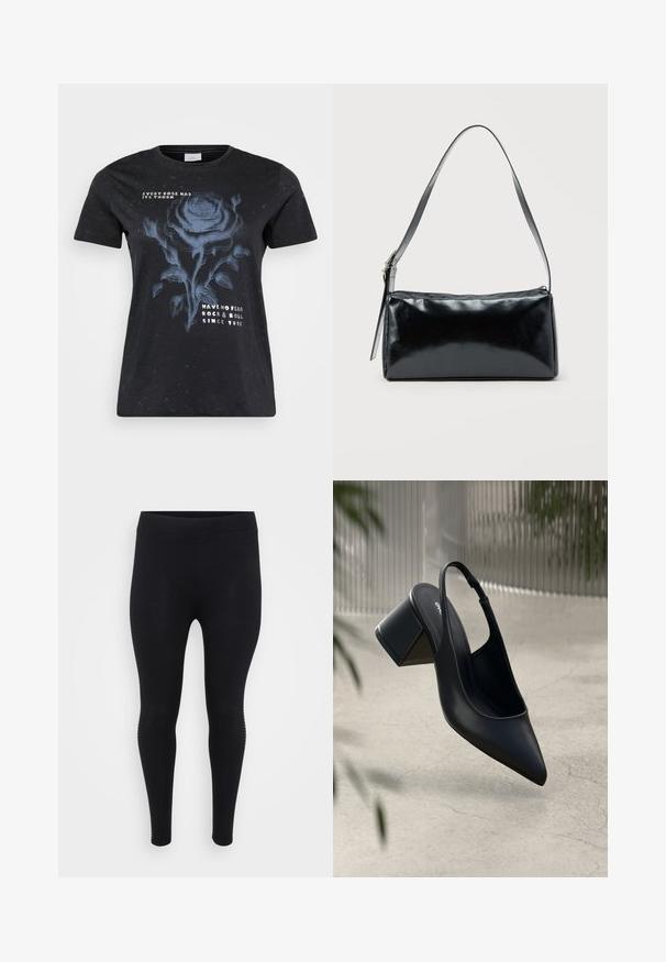 ONLY Carmakoma CARMIKO WASHED SS REG TEE JRS - T-shirts print - black; Sorte leggings med en glat tekstur, høj talje og en tætsiddende form. Har subtile sidelayout langs sømmen.; Sort læder slingback hæl med spids tå og blokhæl. Glat tekstur, minimalistisk design og justerbar ankelrem.; Sort rektangulær skuldertaske med en enkelt justerbar rem og lynlås i toppen på en ensfarvet baggrund.