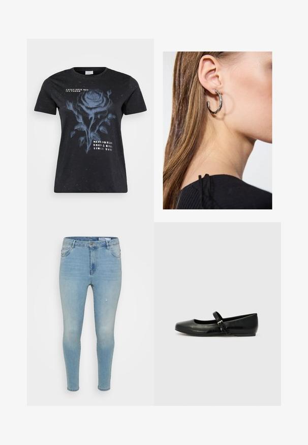 ONLY Carmakoma CARMIKO WASHED SS REG TEE JRS - T-shirts print - black; Lyseblå denimbukser med slim fit, der har en mellemhøj talje, klassisk fem-lomme design og subtile slidte detaljer på fronten.; Sorte læder balletflade med rund tå, flad sål og en tynd justerbar rem over svangen med en metalspænde.; Sølv hoop ørestik med en poleret overflade, prydet med små guld accenter og en rund form, båret på øreflippen.