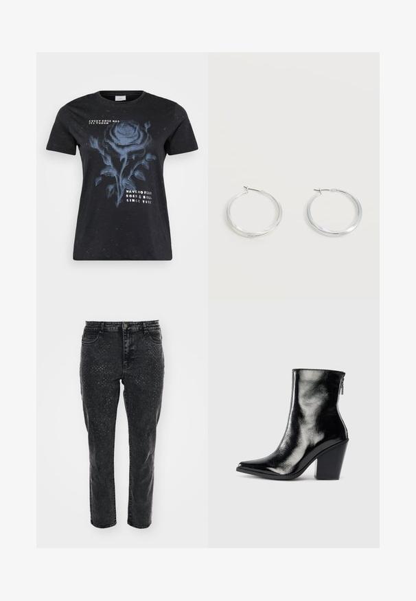 ONLY Carmakoma CARMIKO WASHED SS REG TEE JRS - T-shirts print - black; Sorte denimjeans med lige ben-design og tilføjede rhinsten-dekorationer foran for detaljer. Klassisk fem-lomme styling.; Sorte læder ankelstøvler med en blank finish, spidse tæer og blokhæle. Har en sidezipper for nem på- og aftagning.; Sølvfarvede metaloorringe med glat, let buet overflade og låsemekanisme på en ensfarvet hvid baggrund.